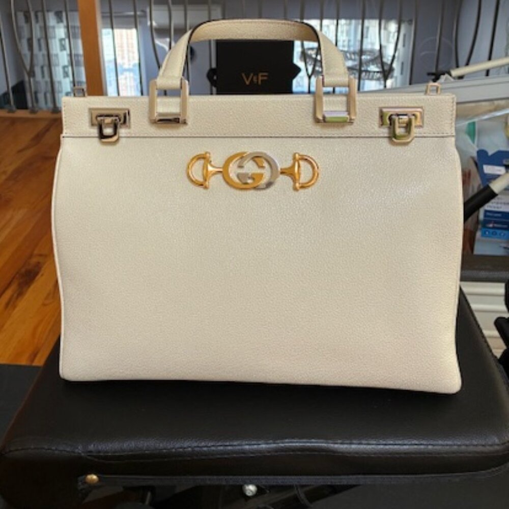 Gucci New GG Zumi Logo Horsebit Grain Leather Top Handle Purse/Whit Shoulder Bag